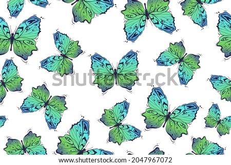 Seamless pattern of green blue butterflies, vector illustration