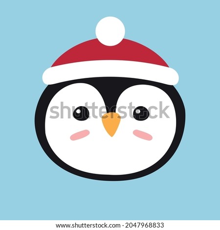 Vector flat cartoon hand drawn penguin face in hat isolated on white background