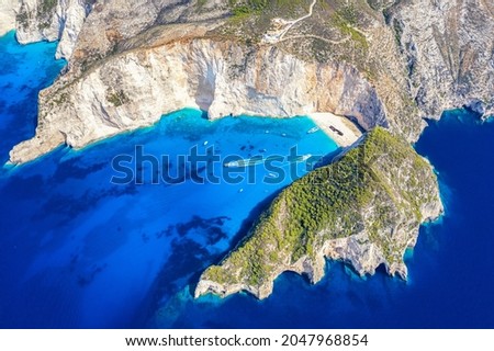 Greece iconic vacation picture. Aerial drone view of the famous Shipwreck Navagio Beach on Zakynthos island, Greece.