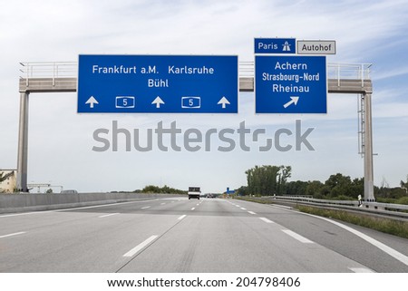 German highway A5, road sign, low-angle view