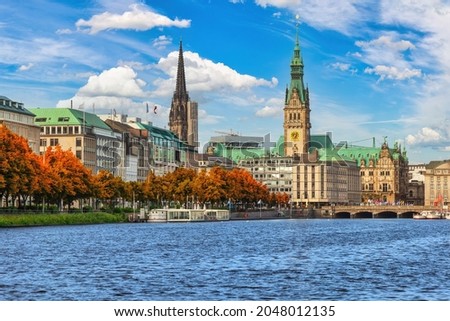 Hamburg Germany, city skyline at Alster with autumn foliage season Royalty-Free Stock Photo #2048012135