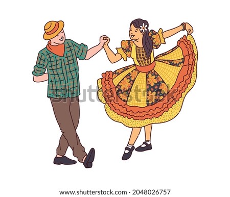 The couple dances the quadrilha dance. Traditional Brazilian festival Festa Junina - June party. Vector illustration isolated on a white background. Royalty-Free Stock Photo #2048026757