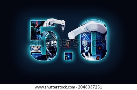 Industry 5.0 double exposure banner concept. Automation, 3D printing, Robotic arm and autonomous industrial technology. Collaborative Ai robot between human and hand machine. Royalty-Free Stock Photo #2048037251