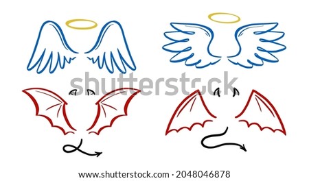 Angel and devil stylized vector illustration. Angel with wing, halo. Devil with wing and tail. Hand drawn line sketch style. Royalty-Free Stock Photo #2048046878