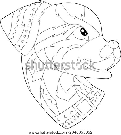 Contour linear illustration for coloring book with decorative dog head. Beautiful pet, animal,  anti stress picture. Line art design for adult or kids  in zen-tangle style, tattoo and coloring page.