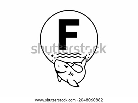 Black line art illustration of shark with F initial letter design