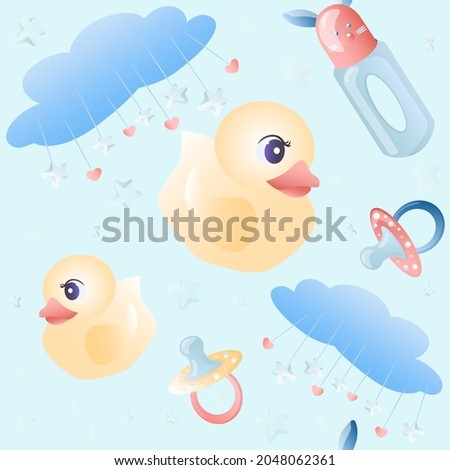 Seamless pattern for a newborn in blue colors. Cute duckling, milk bottle and pacifier, magic gentle cloud with stars and hearts. Vector illustration in cartoon childish style