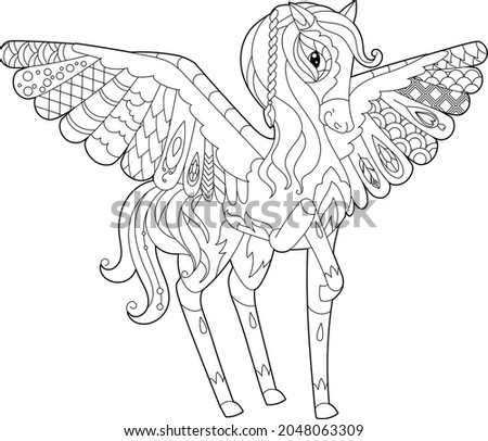 Contour linear illustration for coloring book with decorative fancy pegasus. Beautiful animal,  anti stress picture. Line art design for adult or kids  in zen-tangle style, tattoo and coloring page.