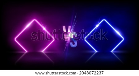 Glowing neon blue versus pink rhombuses on black background. Abstract round electric light frames. Geometric fashion design vector illustration. Minimal borders with vs symbol.