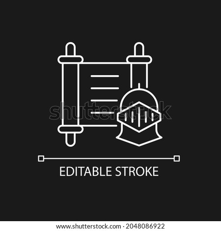 History white linear icon for dark theme. Medieval knight against background of ancient scroll. Thin line customizable illustration. Isolated vector contour symbol for night mode. Editable stroke