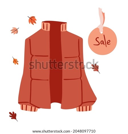 Stylish padded jacket quilted parka vector. Autumn sale of clothes fashion illustration. Casual fall outfit with sale badge. Warm coat streetwear on white background