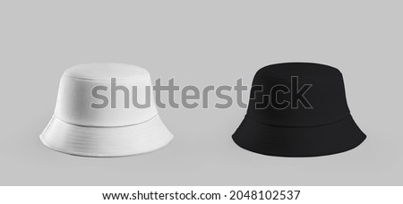 Mockup of white, black hat with brim, headwear for sun protection, isolated on background. Stylish panama template for women, men, stylish accessory for summer, beach, for presentation of design Royalty-Free Stock Photo #2048102537