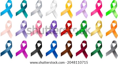 Set of realistic different color ribbon awareness ribbons. Elements for
design. Vector ribbon various colors isolated on white background.