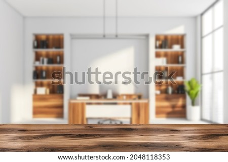 Office room interior with panoramic window with city skyscraper view, desktop, armchair, white wall, desk, bookshelves and concrete floor. Good display for advertisement. 3d rendering