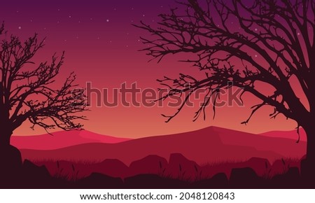 Mountains view with an aesthetic silhouette of dry trees at dusk from the countryside. Vector illustration of a city