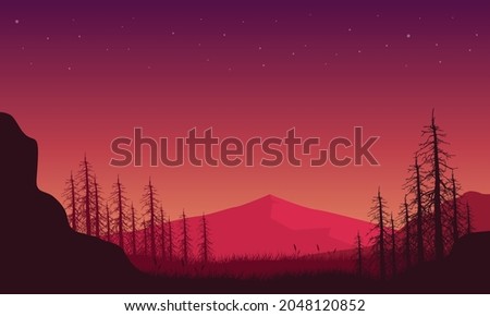 Fantastic mountain views with dry tree silhouettes from the out of the city at dusk. Vector illustration of a city