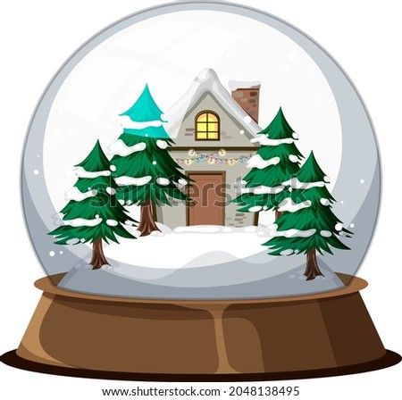 Christmas house in snow globe on white background illustration