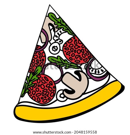Pizza slice is a hand-drawn drawing in the style of a doodle. For use on textiles, packaging paper, souvenirs, printing, posters, postcards. Vector illustration.