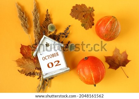 Calendar for October 2 : decorative house with the name of the month in English and the numbers 02 on bouquets of dried flowers, two orange pumpkins on a yellow background, top view
