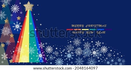 Colorful Christmas and New Year banner for the LGBT community. Rainbow Christmas tree and snowflakes on a dark blue background.