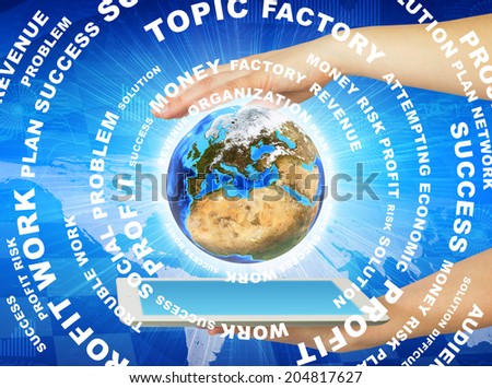 Woman hands hold tablet pc. Earth and business words against world map. Elements of this image are furnished by NASA