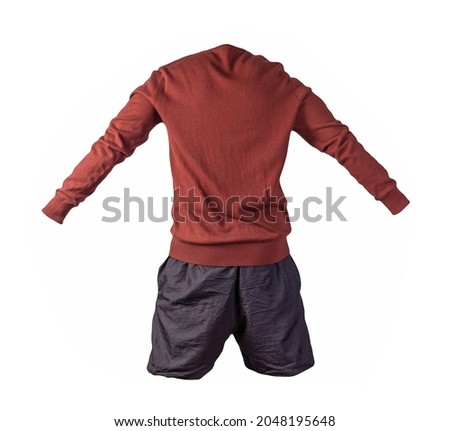 knitted dark red  sweater and black shorts isolated on white background. fashionable clothes for every day