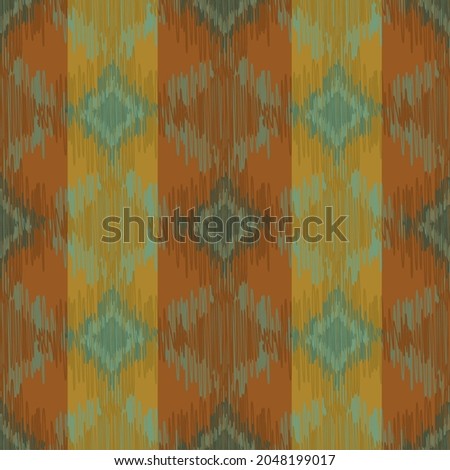 Shibori style ikat vector seamless vector pattern background. Scribbled diamond shapes ochre, green striped backdrop. Weave effect repeat. Simulated woven geometric all over print wellness, packaging