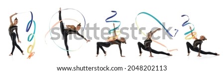 Ribbon exercises. Collage of portraits of little girl, rhythmic gymnastics artist isolated on white studio background. Concept of sport, action, aspiration, education, active lifestyle