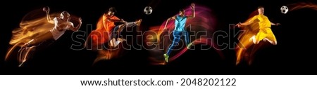 Team sports. Collage of images of professional soccer and american football players in motion and action isolated on dark background in neon mixed light. Concept of sport, action, motion, team, ad Royalty-Free Stock Photo #2048202122