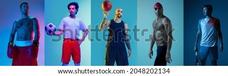 Boxer, soccer football, basketball, swimmer and tennis. Collage of different professional male sportsmen posing as team isolated on multicolored background in neon light at studio. Flyer. Advertising