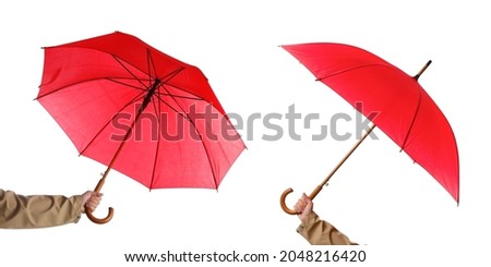 Collage with photos of women holding umbrellas on white background, collage. Banner design