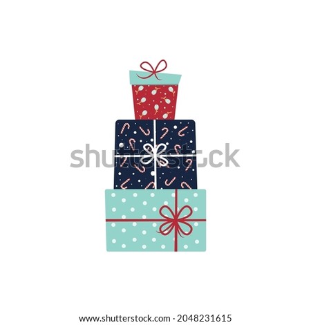 Merry Christmas and Happy New Year. Lots of colorful Christmas and New Year gift boxes for present. Elements for Christmas poster, greeting cards, headers, website. Vector illustration.