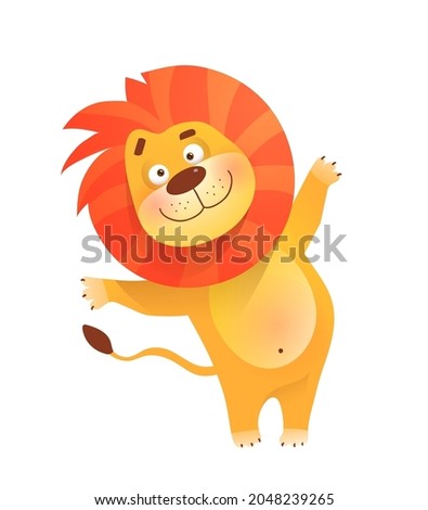 Funny friendly greeting lion for kids and children, African humorous safari animal mascot. Isolated vector lion clipart in watercolor style.