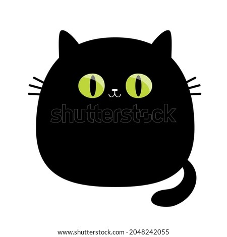 Funny cat. Big green eyes. Black silhouette. Cute cartoon character. Moustaches. Baby pet animal collection. Happy Halloween. Sticker tshirt print template. Flat design. White background. Vector