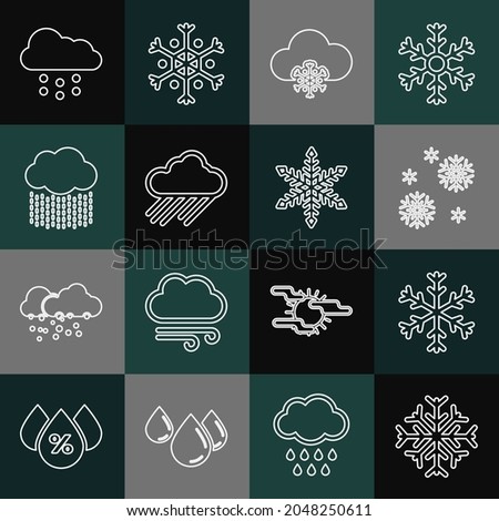 Set line Snowflake, Cloud with snow, rain,  and  icon. Vector