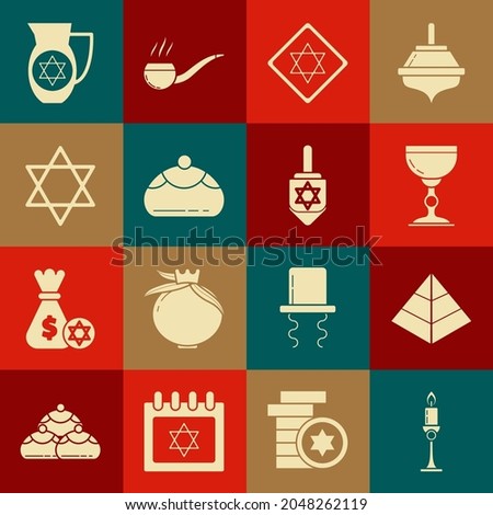 Set Burning candle in candlestick, Egypt pyramids, Jewish goblet, Star of David, sweet bakery, Decanter with star david and Hanukkah dreidel icon. Vector