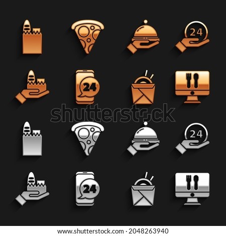 Set Food ordering, Clock 24 hours, Online and delivery, Asian noodles chopsticks, Covered with tray of food, Shopping bag and Slice pizza icon. Vector