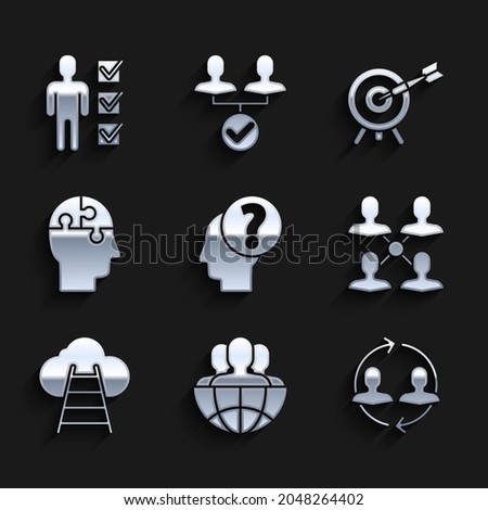 Set Human head with question mark, Globe and people, resources, Project team base, Ladder leading to cloud, puzzles strategy, Target arrow and User of business suit icon. Vector