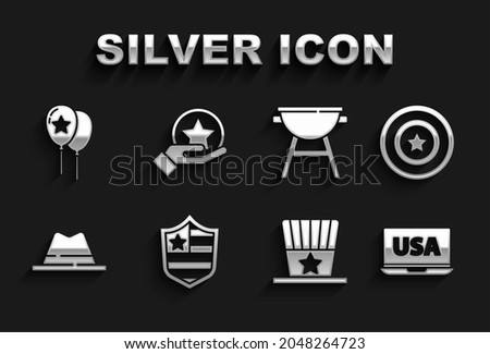 Set Shield with stars, American shield, USA on laptop, Patriotic hat, Man ribbon, Barbecue grill, Balloons and Independence day icon. Vector