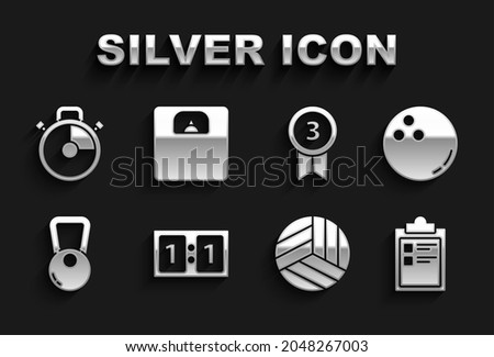 Set Sport mechanical scoreboard, Bowling ball, training program, Volleyball, Kettlebell, Medal, Stopwatch and Bathroom scales icon. Vector