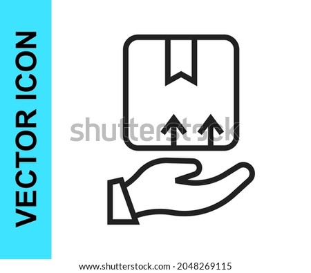 Black line Delivery hand with cardboard boxes icon isolated on white background. Door to door delivery by courier.  Vector