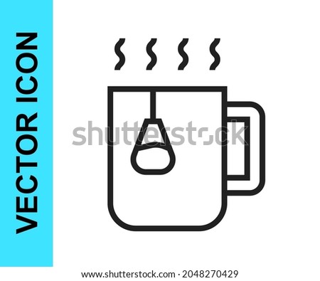 Black line Cup of tea with tea bag icon isolated on white background.  Vector