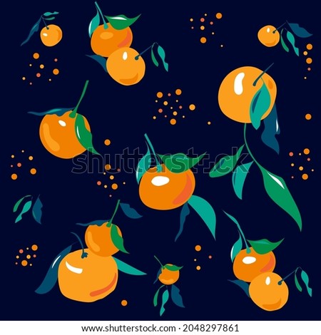 Mandarin Pattern, Vector Seamless Fruit black Background, Citrus Fruits, Flowers, Leaves