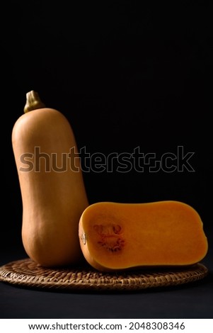 Butternut squash on black background, vegetable ingredient for healthy food in autumn and fall season