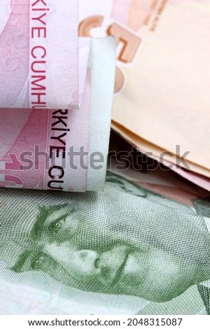 close-up Turkish lira banknote  background