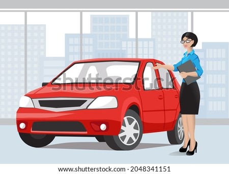 Car showroom. Seller woman shows a red car to a customer. City landscape in the background. Buying, selling or renting a car. Vector illustration in flat style