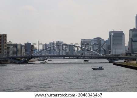 Sumida River seen from Kachidoki Bridge and skyscrapers in Tokyo