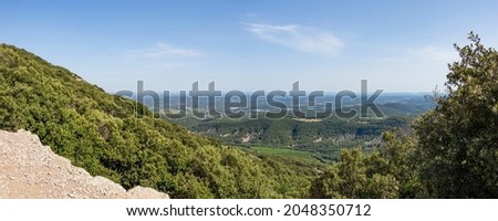 Rural landscape view on the valley of Pic Saint-Loup mountain in Languedoc-Roussillon, southern France