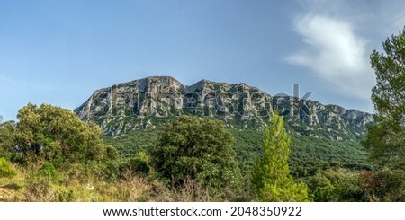 Pic Saint-Loup mountain wall in Languedoc-Roussillon, southern France, Europe