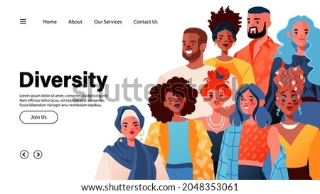 Concept for landing page template, design websites with people of different nationalities. Group of smiling men and women standing together. Equality and combating racial prejudice. Royalty-Free Stock Photo #2048353061